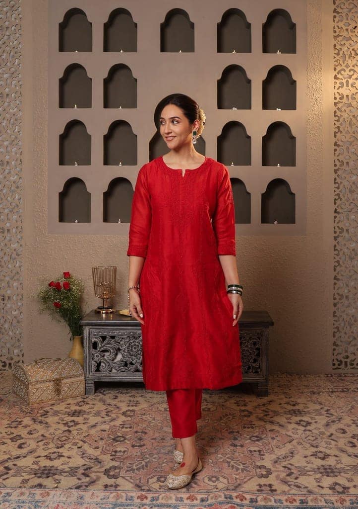 Chanderi Chikankari Solid Women's 4 PC Long Kurta Set with dupatta - Red view 4