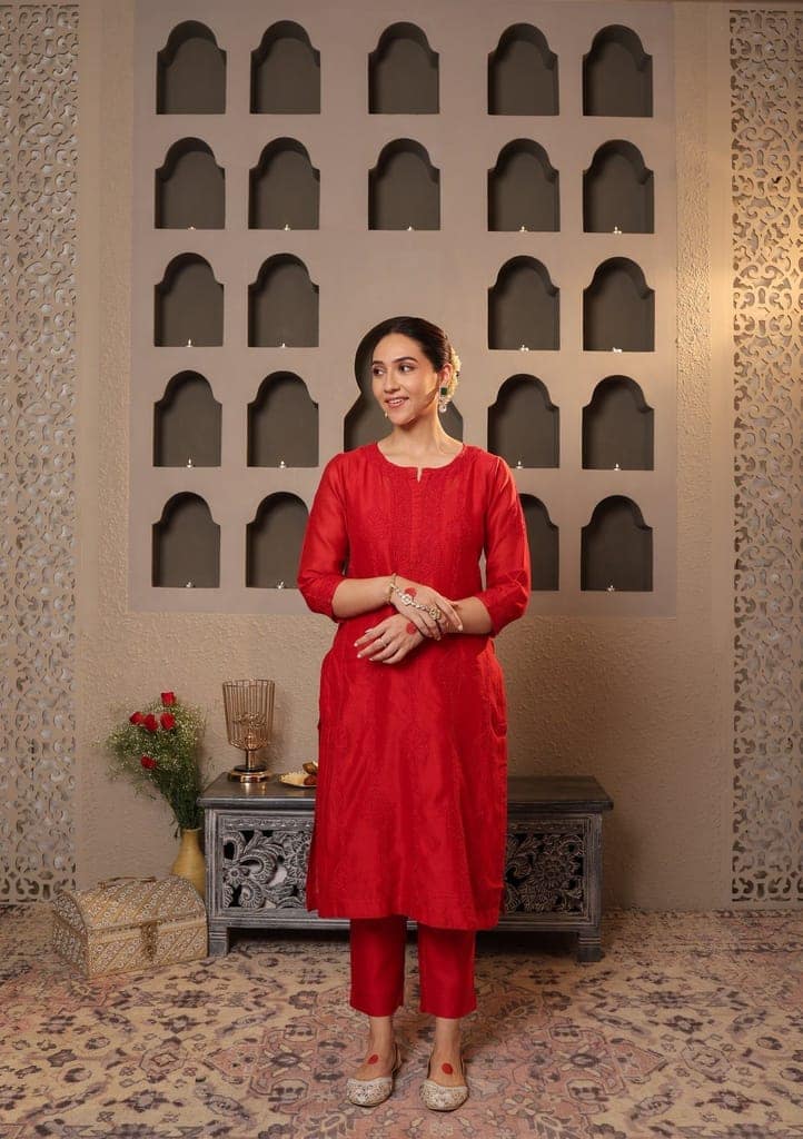 Chanderi Chikankari Solid Women's 4 PC Long Kurta Set with dupatta - Red view 6