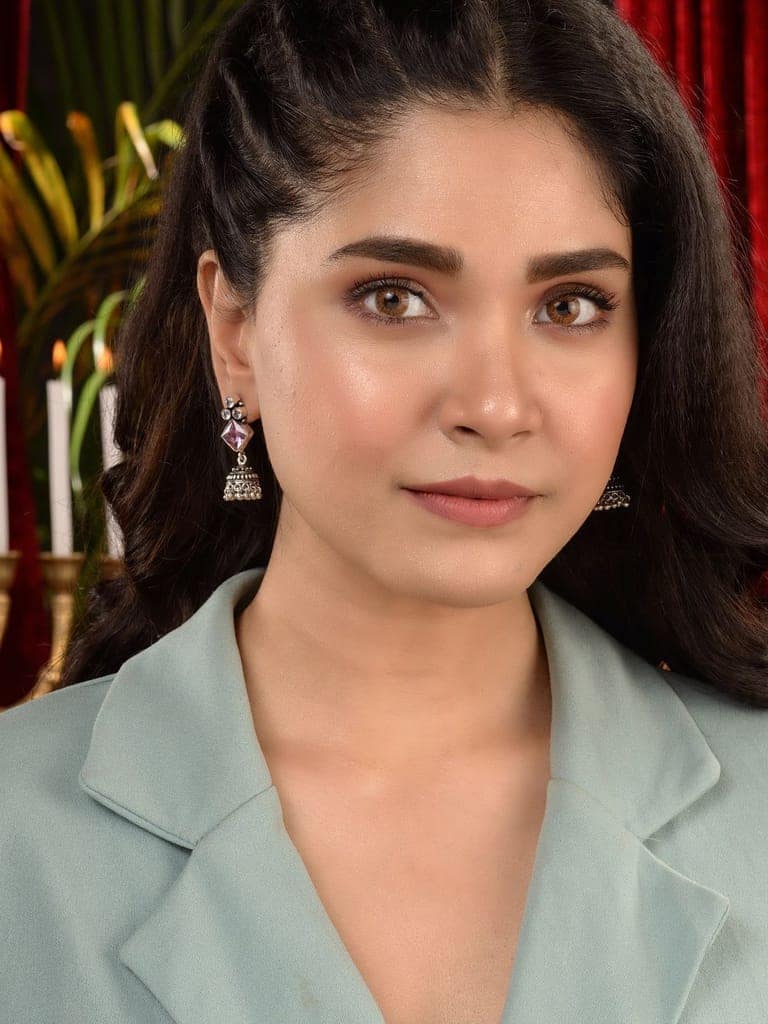 Silver Oxidised Pink Stone Jhumki Minimal Earring view 3