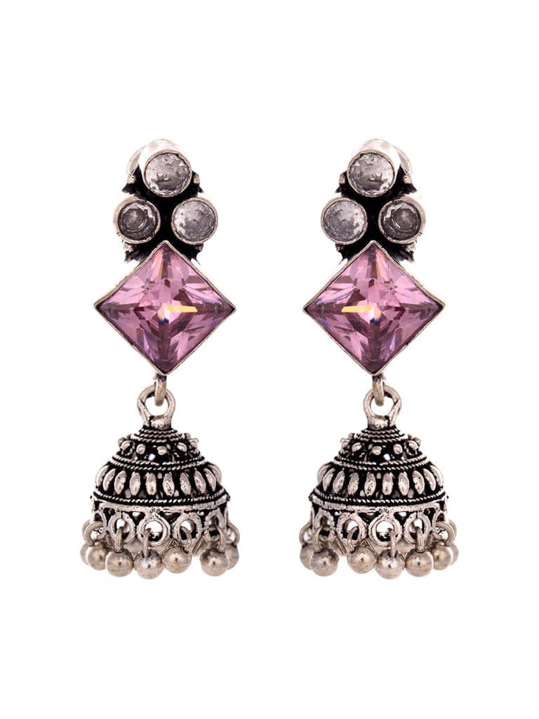 Silver Oxidised Pink Stone Jhumki Minimal Earring view 4