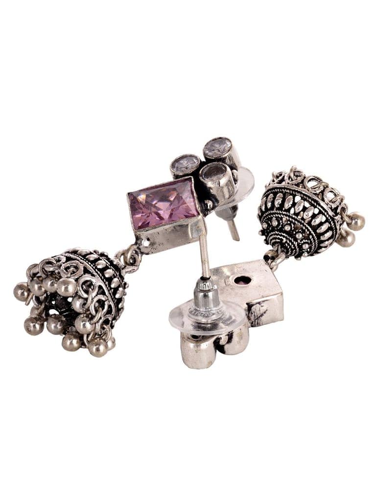 Silver Oxidised Pink Stone Jhumki Minimal Earring view 5