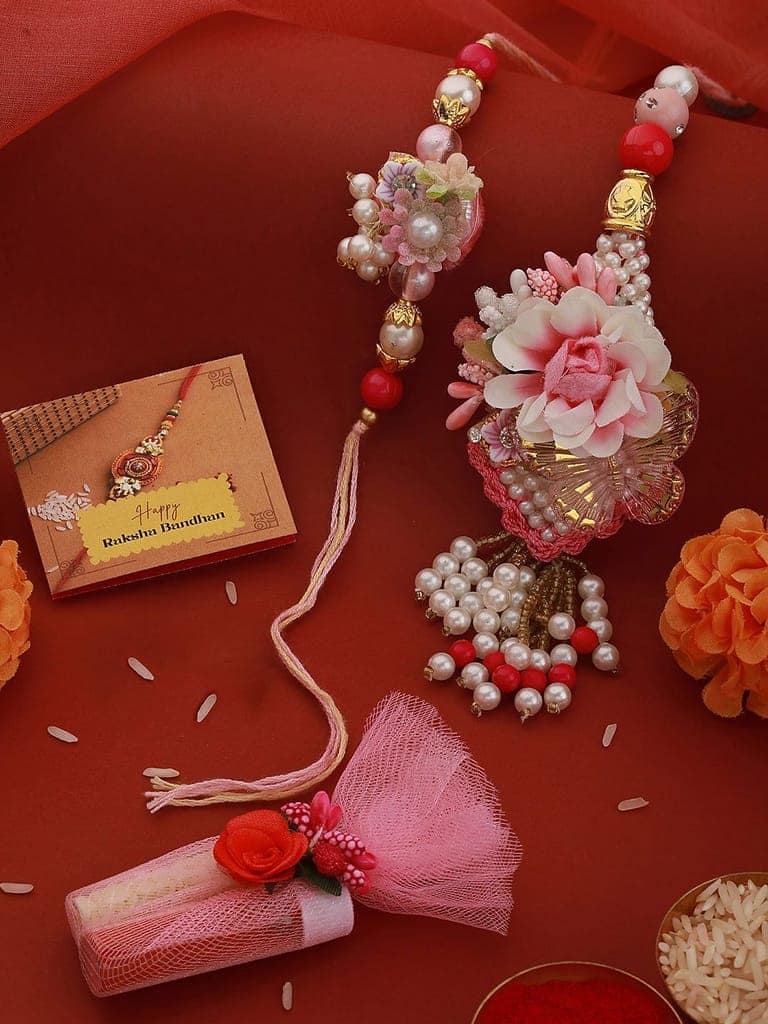 Set of 2 Pearls & Pink Flower Beaded Handcrafted Rahi Set with Lumba view 2