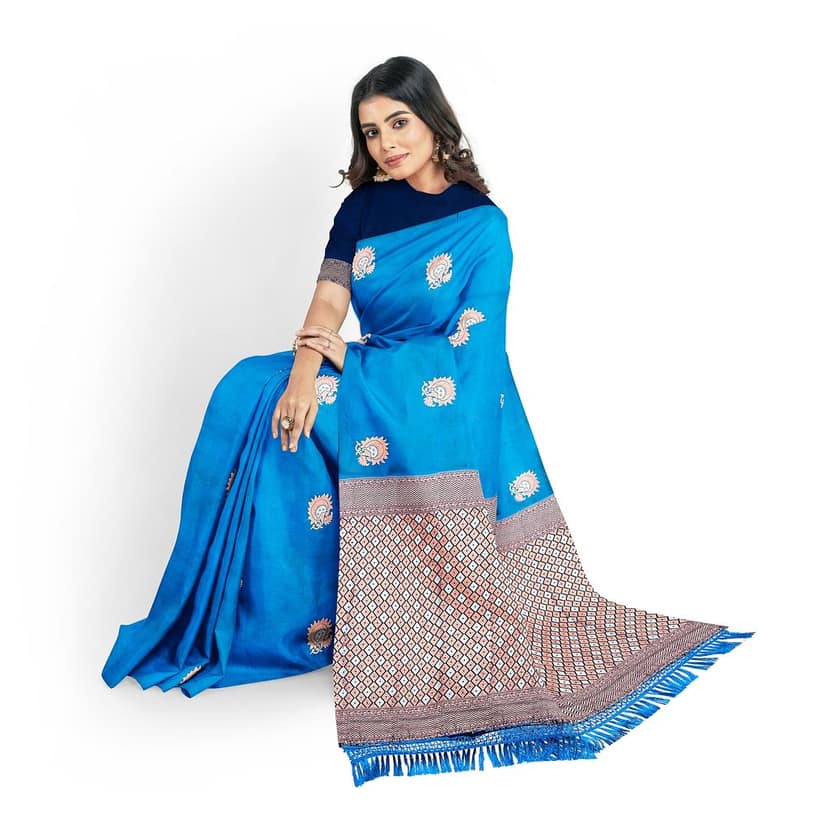 Sky Blue Color Silver & Copper Zari Floral Butta Saree with Contrast Blouse view 2