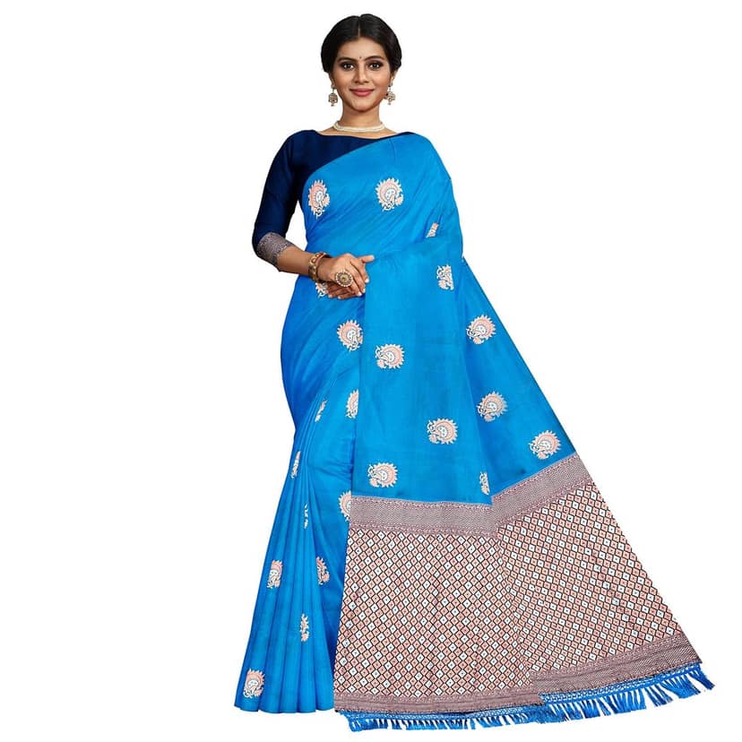 Sky Blue Color Silver & Copper Zari Floral Butta Saree with Contrast Blouse view 3