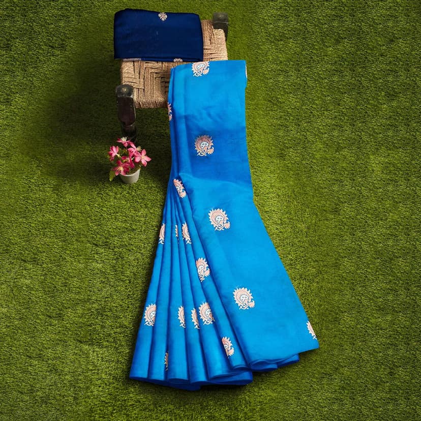 Sky Blue Color Silver & Copper Zari Floral Butta Saree with Contrast Blouse view 6