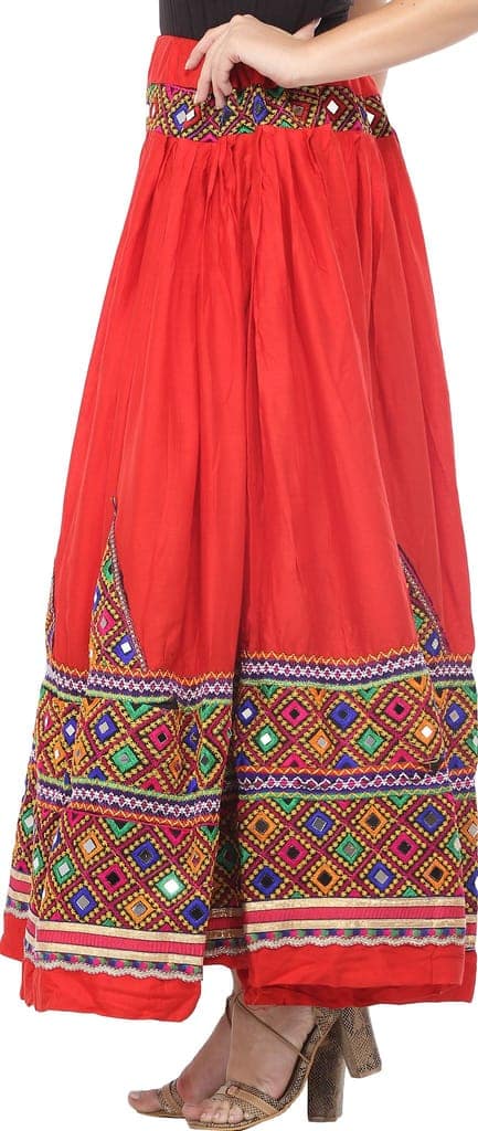 Tomato-Red Ghagra Skirt from Kutch with Multicolor Thread Embroidered Patch Border and Mirrors view 3