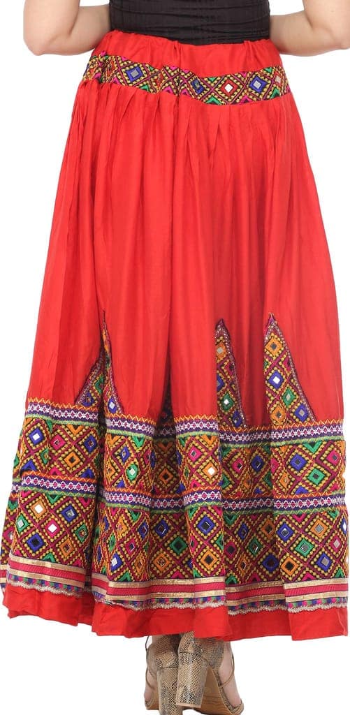 Tomato-Red Ghagra Skirt from Kutch with Multicolor Thread Embroidered Patch Border and Mirrors view 4
