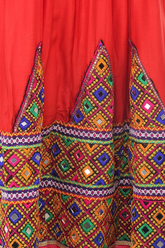 Tomato-Red Ghagra Skirt from Kutch with Multicolor Thread Embroidered Patch Border and Mirrors view 5