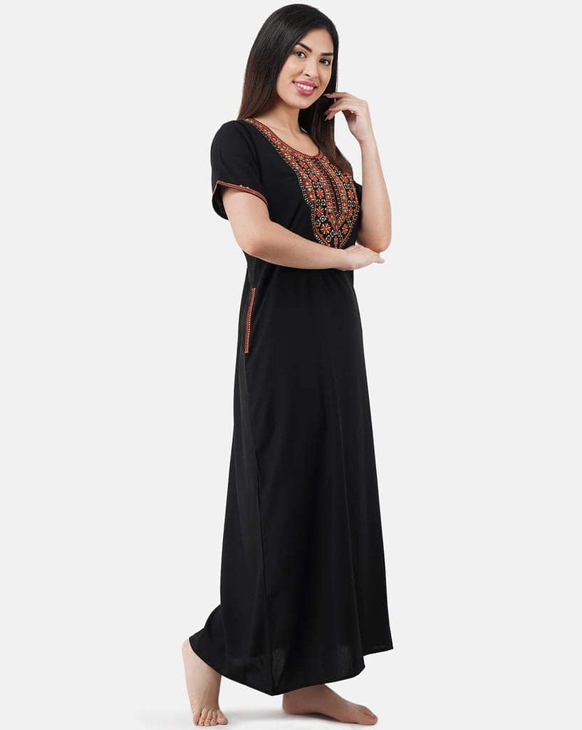 KOI SLEEPWEAR Premium Women Embroidery Night Gown Lizzybizzy with Mirror Work Cotton Nighty Maxi (Large, Black)� view 3