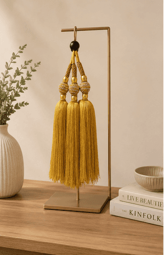 Luxury Golden Three-Tassel Wall Hanging with Crystal Accents