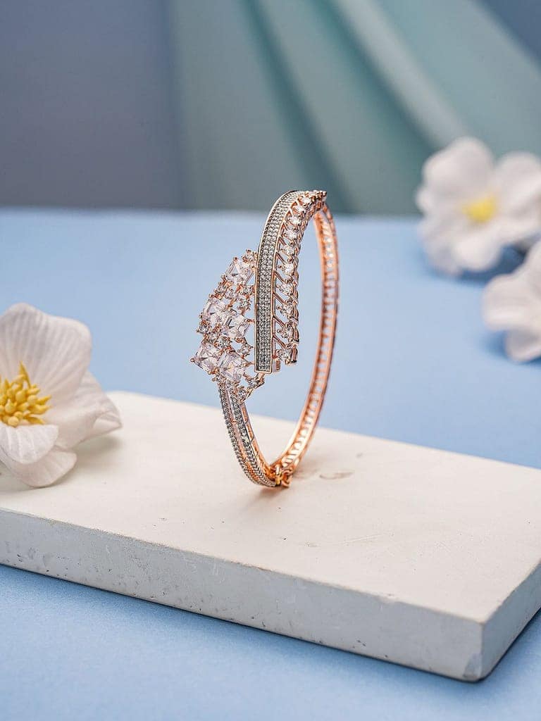 Rose Gold Toned AD Studded Quirky Statement Bangle Bracelet