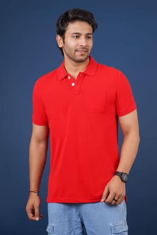 Men Red Pocket Polo T-Shirt