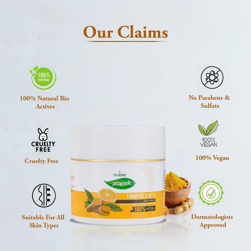 VI-JOHN Prakritik Turmeric & Vitamin C Facepack for Men & Women | 100gm | Even-tone | Younger Looking Skin | 100% Natural Bio Actives | Cruelty-free | Paraben Free | Vegan | Dermatologist Approved | All Skin Types view 6