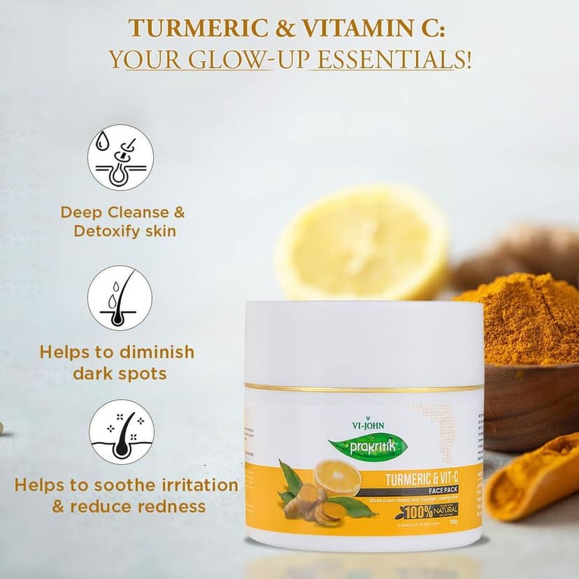 VI-JOHN Prakritik Turmeric & Vitamin C Facepack for Men & Women | 100gm | Even-tone | Younger Looking Skin | 100% Natural Bio Actives | Cruelty-free | Paraben Free | Vegan | Dermatologist Approved | All Skin Types view 7