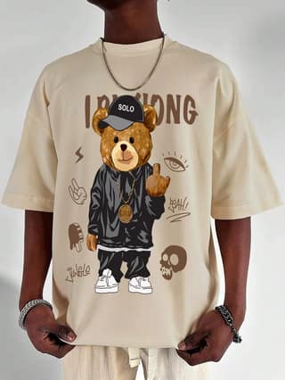 SCOTT FINCHER Men's Streetwear Hip Hop T-Shirt with Bear Graphic Design Printed T-shirt : AA(ARN)CREAM_64