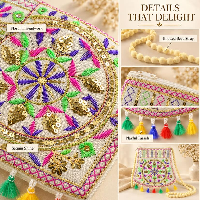 Traditional Floral Embroidered Sling Jute Purse with Tassels (1 Pc, 23x23 Cm) view 2