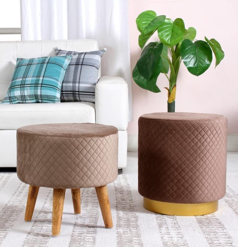 Shadowkart Ottoman Pouffes Sitting Mudda Puffy Stool for Living Room Dressing Table Pouf Round Footstool for Office Home Decor, Check Holland Velvet ,16x16x17 Inch