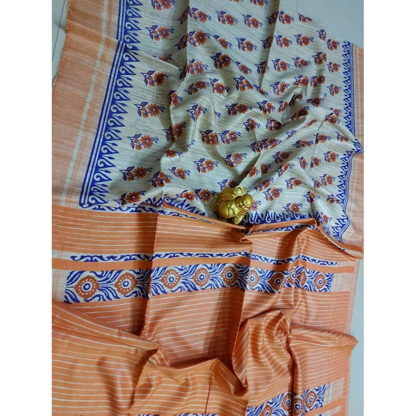 Silkmark Certified Tussar Silk Handloom Handblock Printed Blue and Orange Saree with Blouse-1521