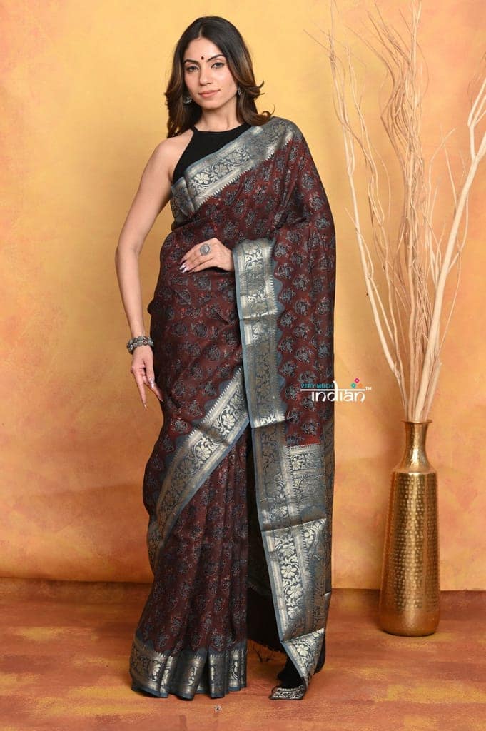Mastaani ~ Modal Silk Ajrakh Handblock Printed Natural Dyes With Designer Border - Dark Maroon view 2