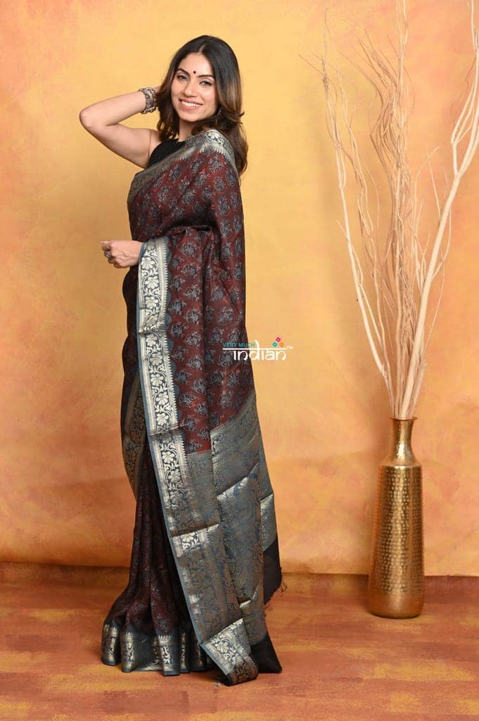 Mastaani ~ Modal Silk Ajrakh Handblock Printed Natural Dyes With Designer Border - Dark Maroon view 3