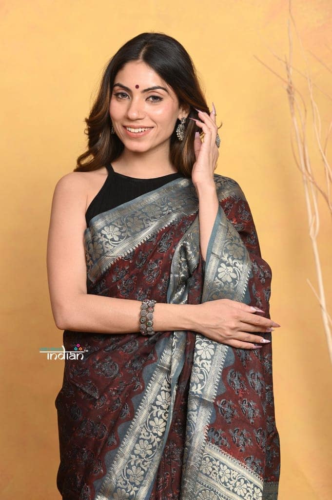 Mastaani ~ Modal Silk Ajrakh Handblock Printed Natural Dyes With Designer Border - Dark Maroon view 4