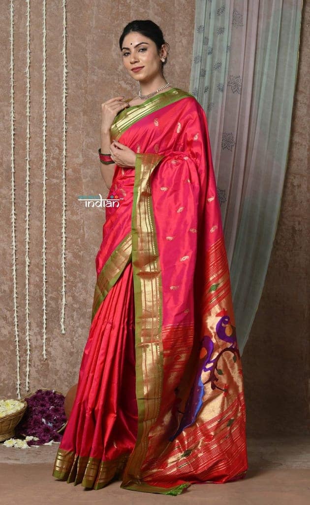 Tyohaar ~ Handloom Pure Silk Paithani Saree with Handcrafted Peacock Pallu ~ Peach Pink (By Government Certified Weavers) view 3