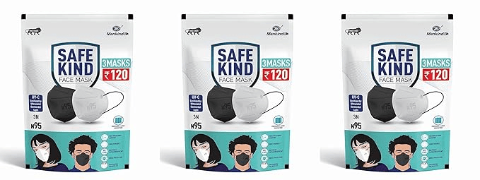 Safekind Mankind N95 Face Masks with 5 Layer Protection (2 Black + 1 White) Pack of 6