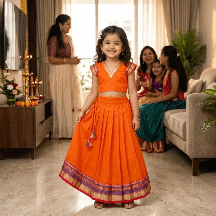 Mom and Me Girls’ Lehenga Choli/Parker Polka/Pattu Pavadai (0 Months–6 Years) | Acrylic Cotton with Soft Cotton Lining | V-Neck, Short Puff Sleeves, Zipper Closure (Orange, 3-6 M) view 3