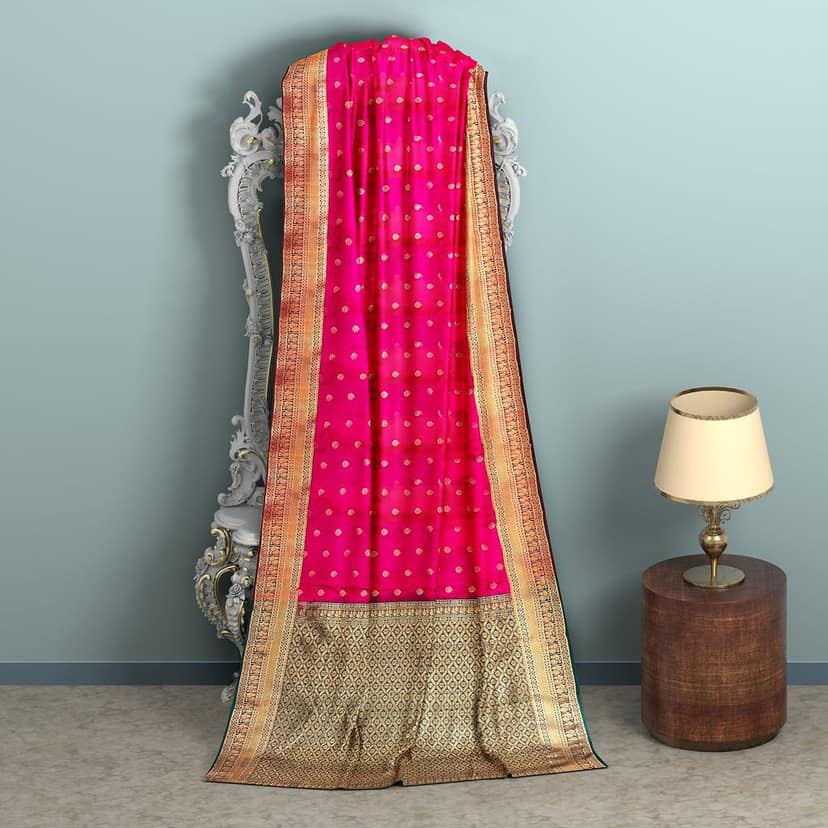 Ruby pink with Zari worked border 1000 buttas semi silk saree. view 2