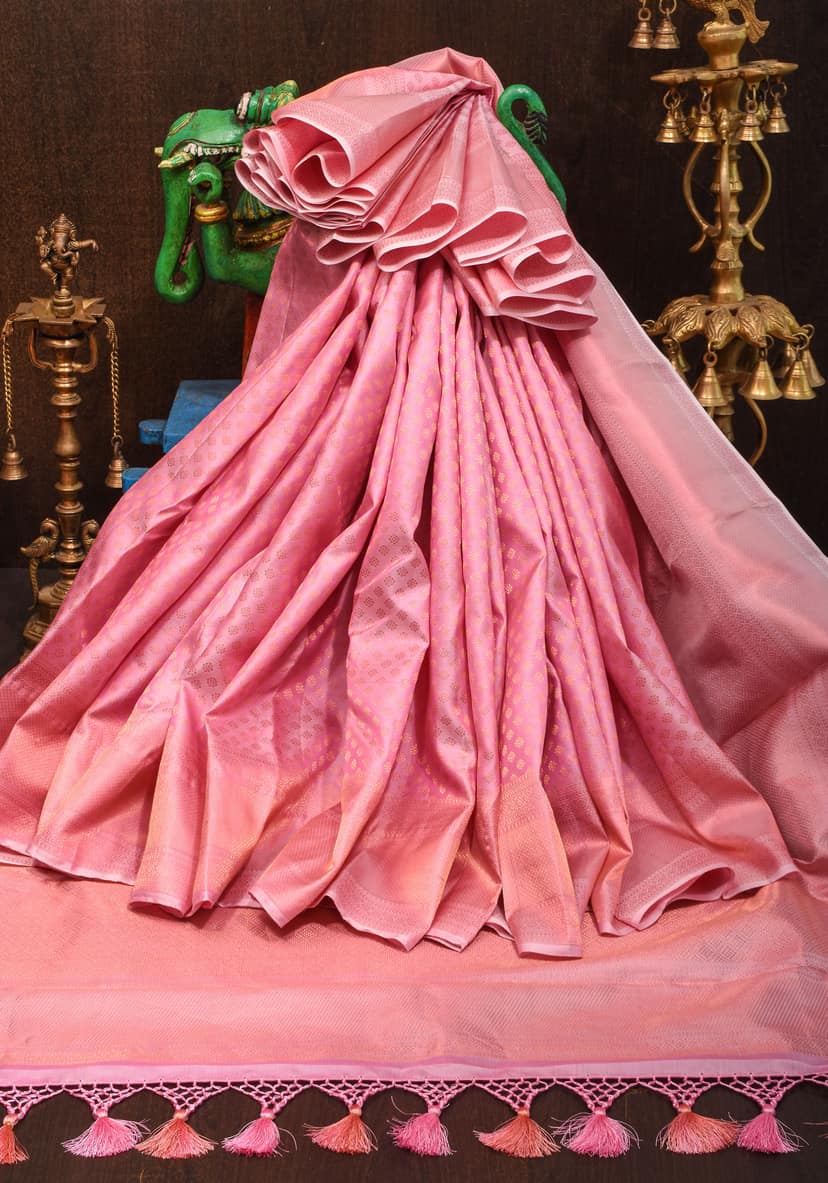 Rose Gold Zari Butta Brocade on Thistle Hue Pure Kanjivaram Silk Saree | SILK MARK CERTIFIED