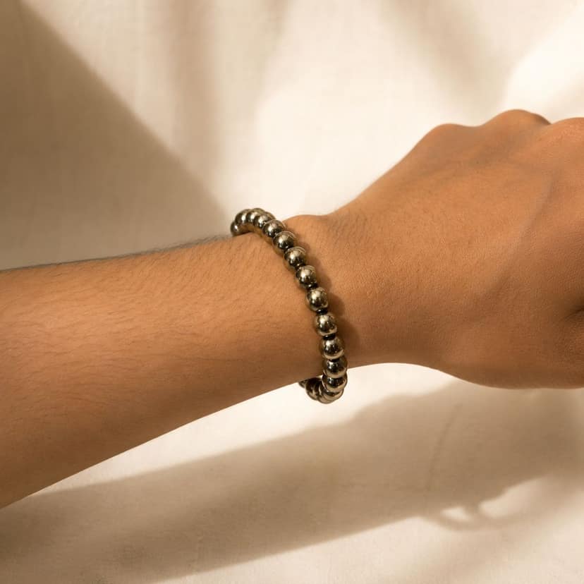 Shrifal Natural Raw Pyrite Bracelet with Complimentary Raw Selenite Plate | Unpolished Crystal Beads Stretchable Energy Bracelet | Spiritual Gift for Him & Her view 3