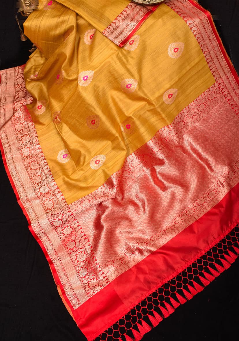 Banarasi Tussar Silk Saree in Mustard Yellow Color with Gray Border and Meenakari Buttas | SILK MARK CERTIFIED