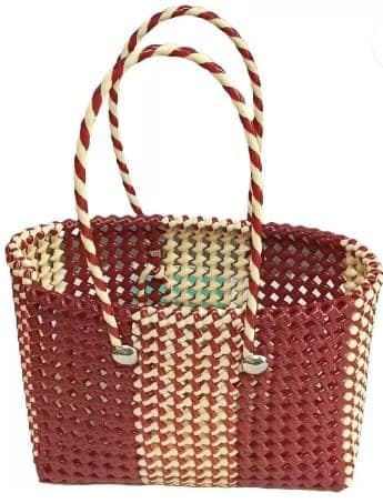 Red and White Striped Handwoven Market Basket