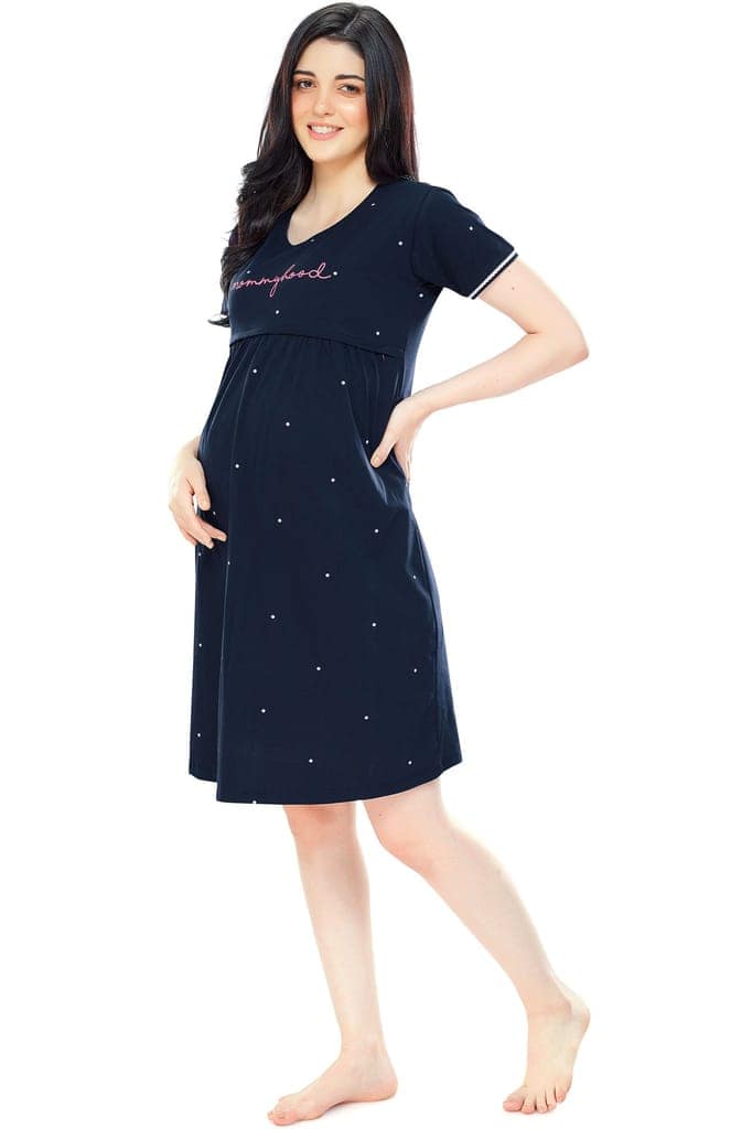 ZEYO Women Cotton Navy Blue Dot Print Maternity & Feeding Night Dress view 4