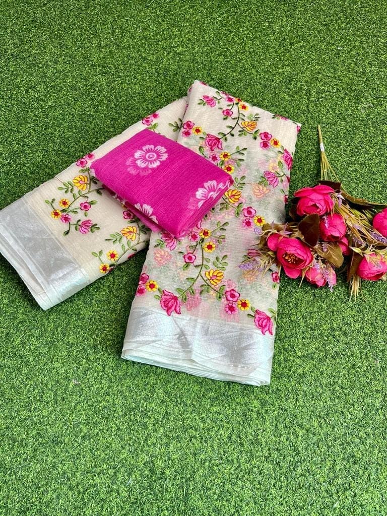 Kota Doria Saree Pastel Grey Color Floral Embroidered with Blouse Piece-9698 view 2