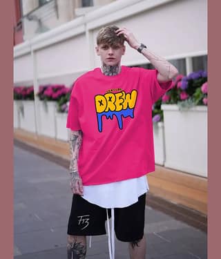 Leotude Men Cotton Blend Oversized Fit Printed T-Shirt ( Pink )
