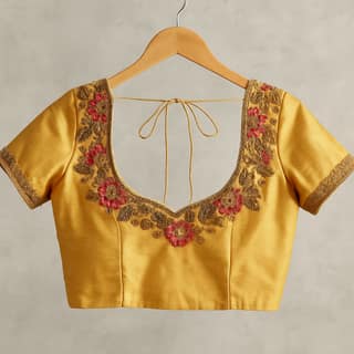 Mustard Yellow Silk Embroidered Saree Blouse