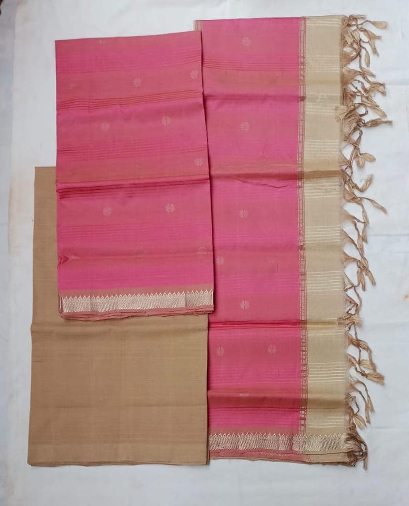 Pink and Brown Cotton silk Dress with Dhupatta view 3