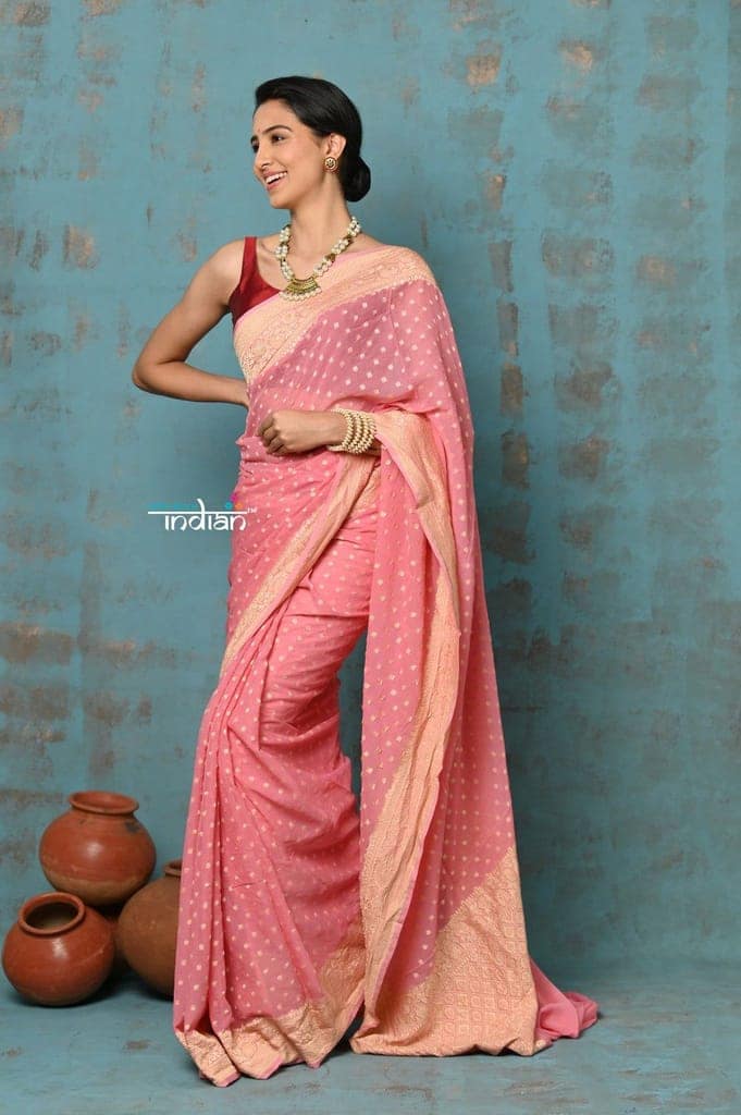 Suhaani ~ Handloom Khaddi Georgette Saree With All Over Jaal~ Delicate Pink (Silk Mark) view 2