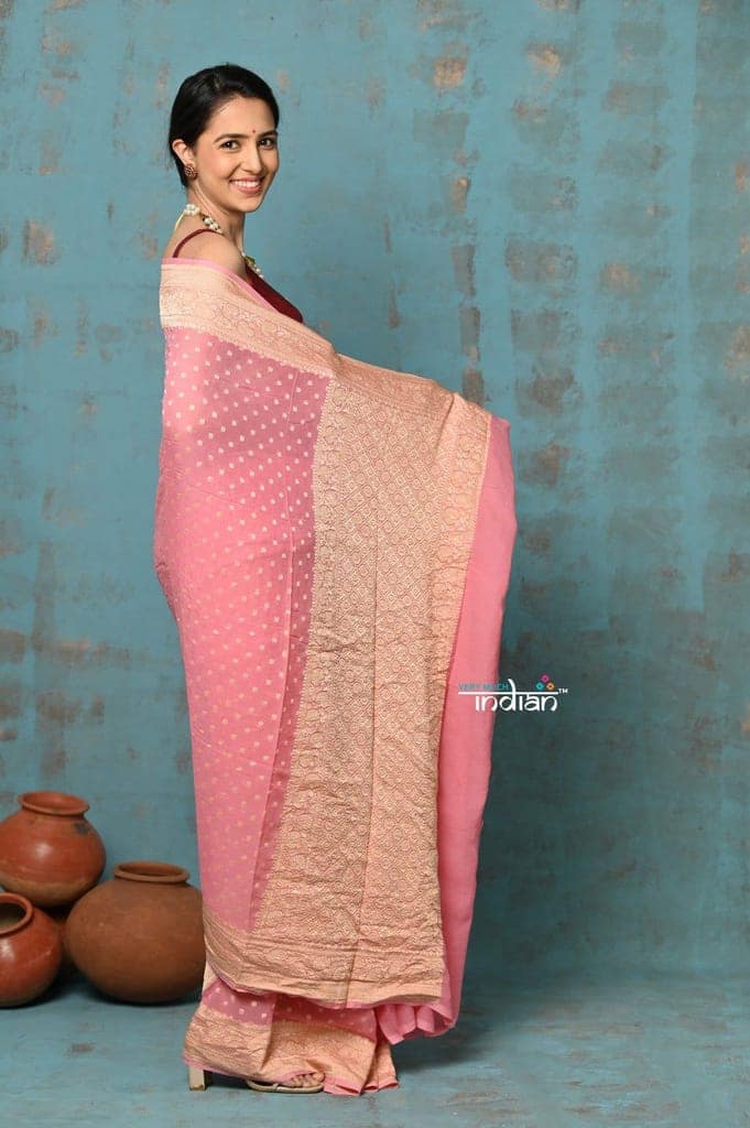Suhaani ~ Handloom Khaddi Georgette Saree With All Over Jaal~ Delicate Pink (Silk Mark) view 3