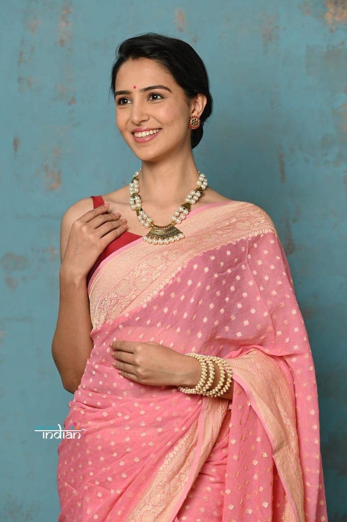 Suhaani ~ Handloom Khaddi Georgette Saree With All Over Jaal~ Delicate Pink (Silk Mark) view 4