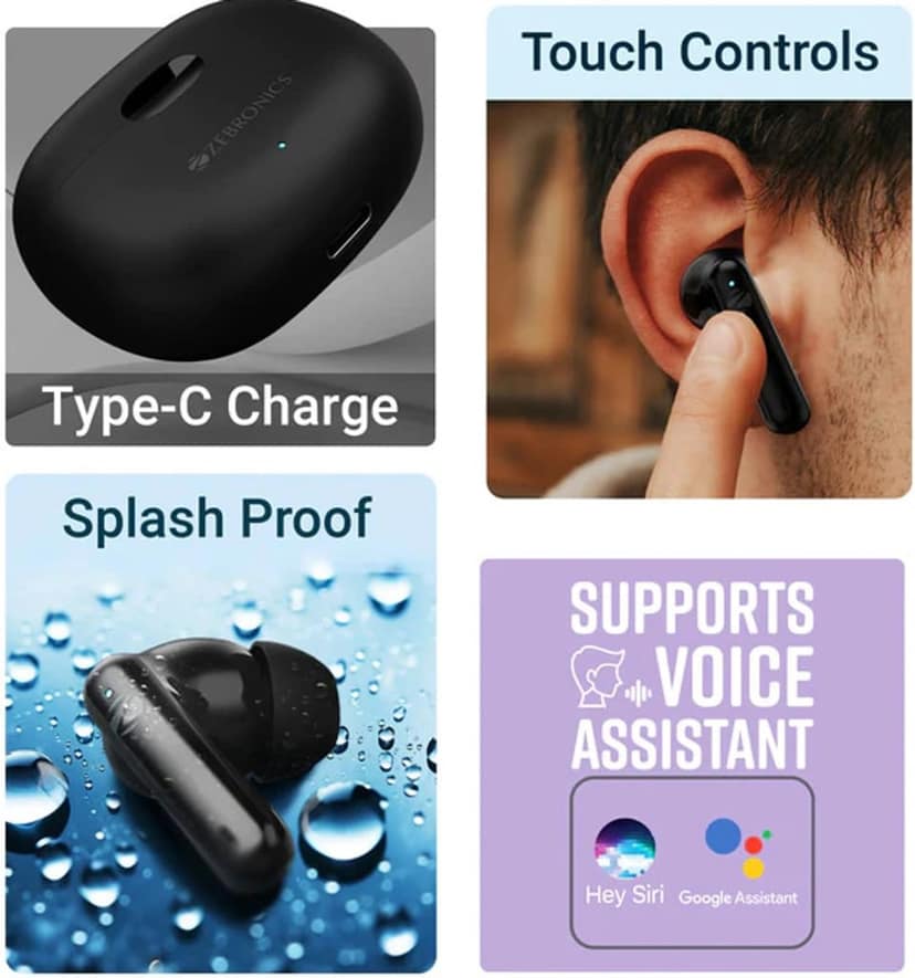 ZEBRONICS Beetles in Ear Wireless Earbuds, Bluetooth v5.4, 22* Hours Backup, Environmental Noise Cancellation, Gaming Mode, Touch Control, Voice Assistant Support (Black) view 4