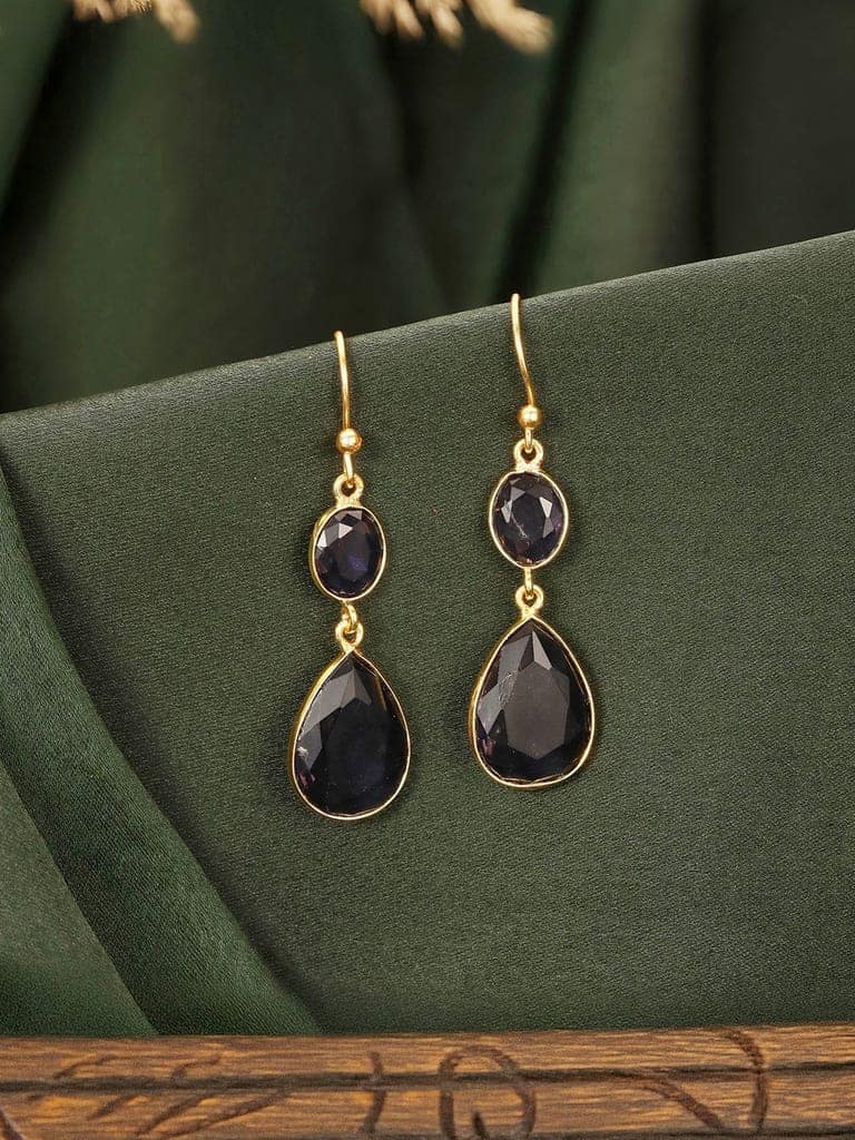 Gold Toned Blue Cyrstal tear drop dangler shaped minimal Earrings