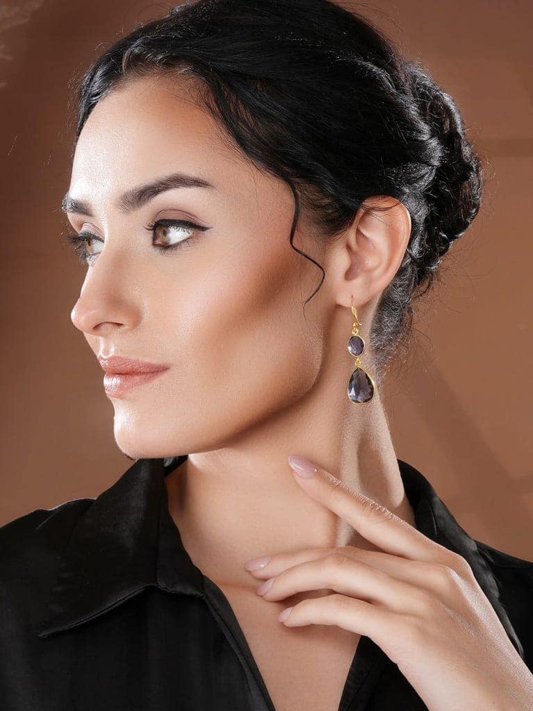 Gold Toned Blue Cyrstal tear drop dangler shaped minimal Earrings view 2