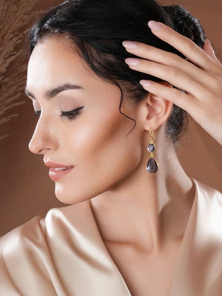 Gold Toned Blue Cyrstal tear drop dangler shaped minimal Earrings view 3