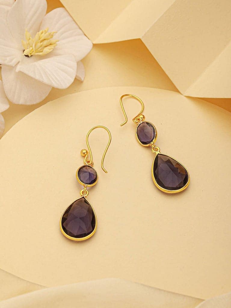 Gold Toned Blue Cyrstal tear drop dangler shaped minimal Earrings view 7