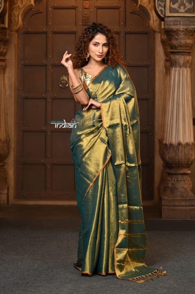Parampara ~ Exclusive Handloom Pure Tissue Cotton Saree in Green Gold