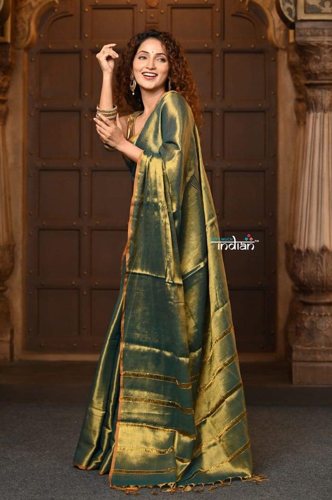 Parampara ~ Exclusive Handloom Pure Tissue Cotton Saree in Green Gold view 2