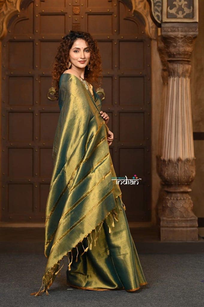 Parampara ~ Exclusive Handloom Pure Tissue Cotton Saree in Green Gold view 3