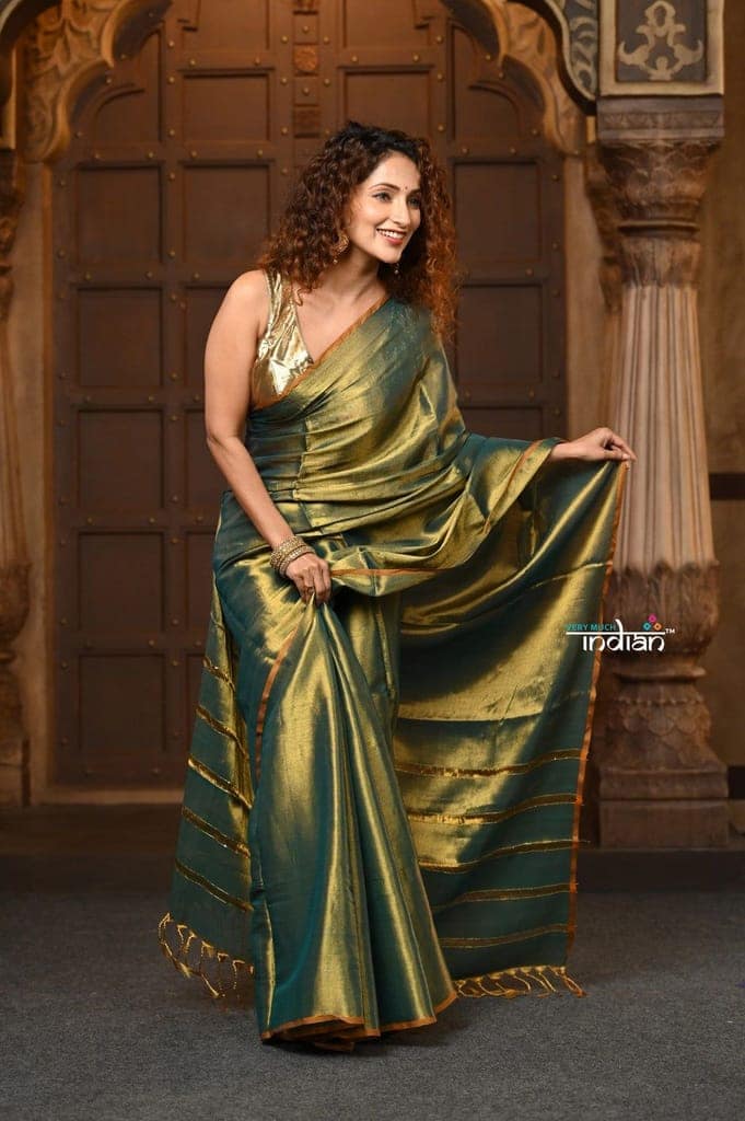 Parampara ~ Exclusive Handloom Pure Tissue Cotton Saree in Green Gold view 5